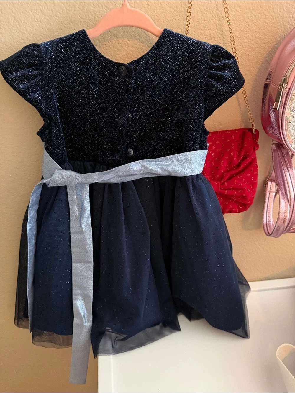 Jona Michelle Navy Sparkle Tulle Dress with Silver Satin Bow